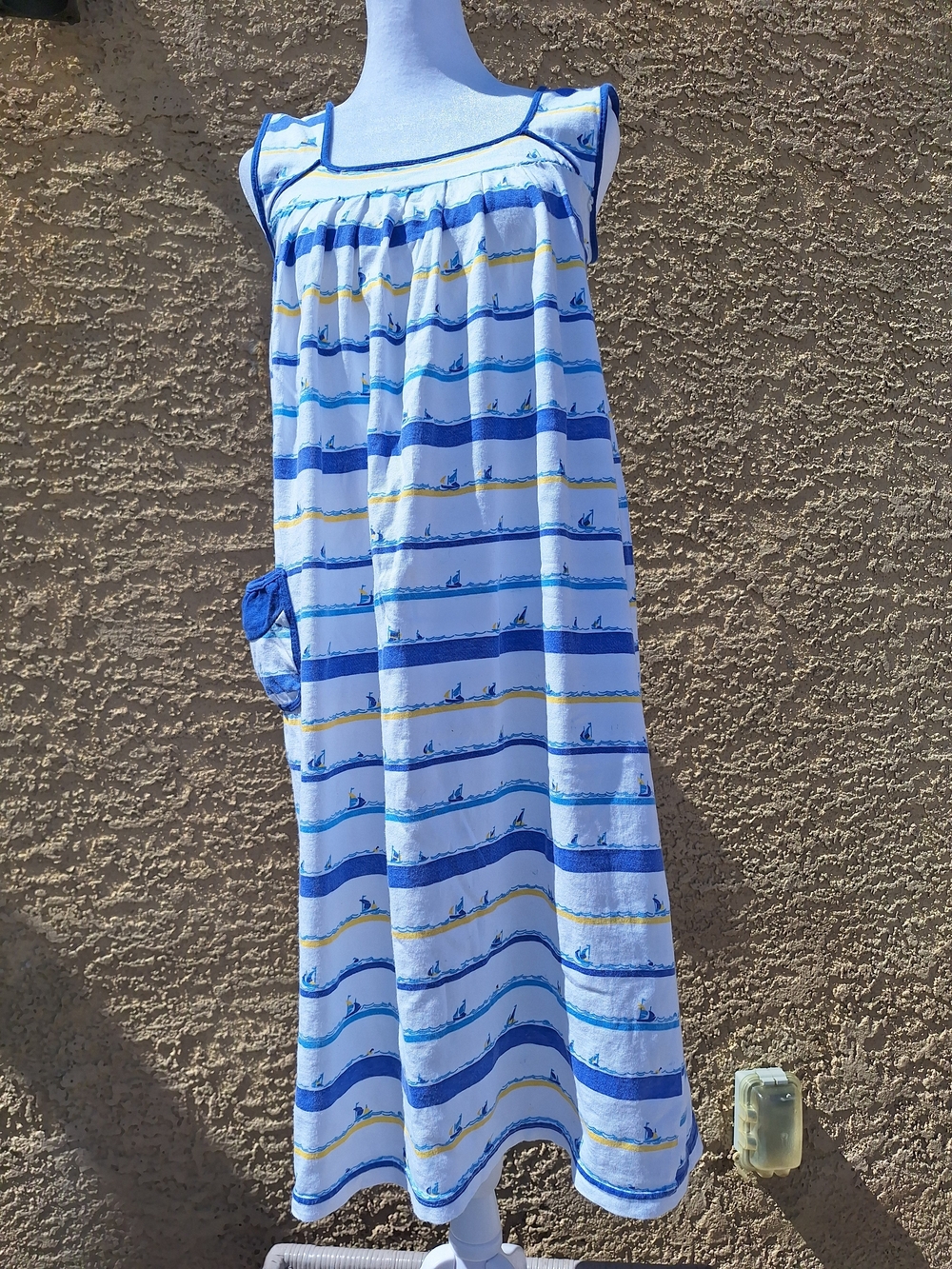 Vintage 1980s White Blue YELLOW Striped SAILBOAT Nightgown